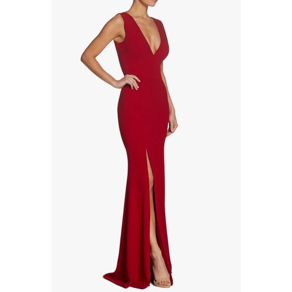 Dress the Population Sandra Gown Sz L Garnet Red Plunge Trumpet Wedding Evening - Picture 3 of 12